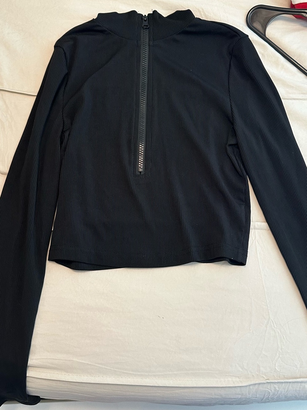 SHEIN Black Ribbed Half-Zip Mock Neck Long Sleeve Top - cropped